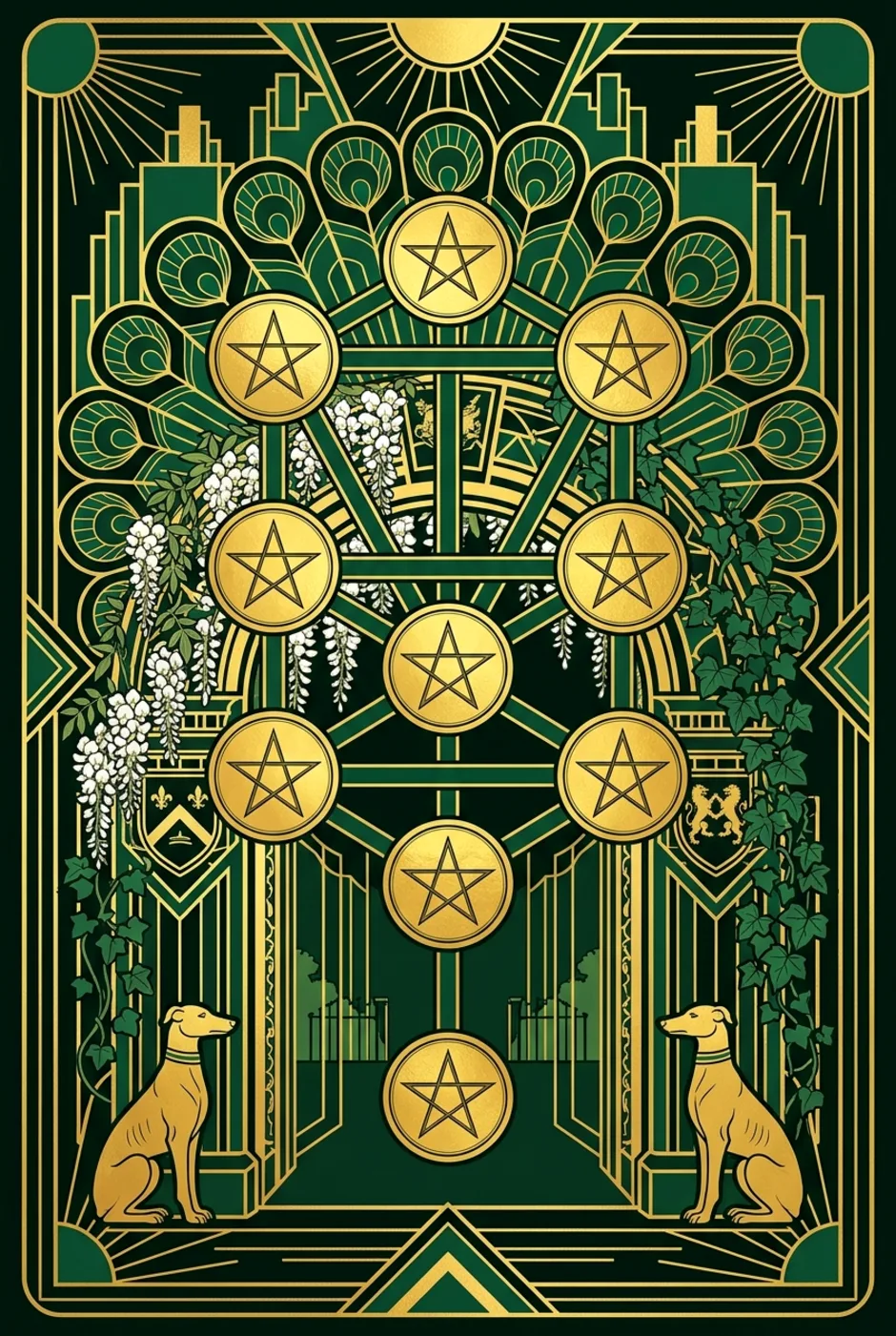 Ten of Pentacles, upright, a Gilded tarot card