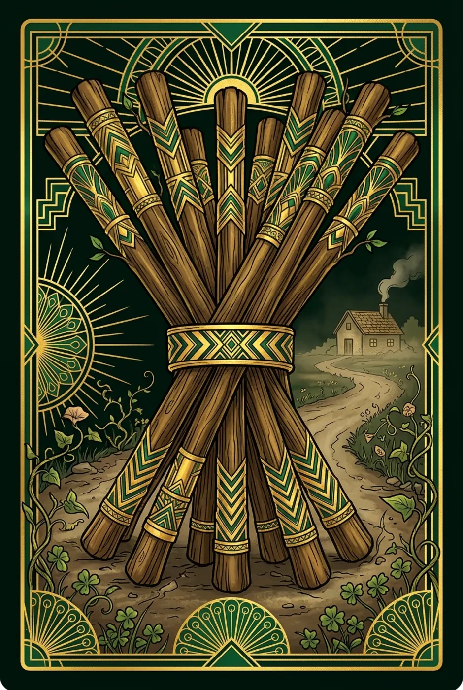 Ten of Wands, upright, a Gilded tarot card