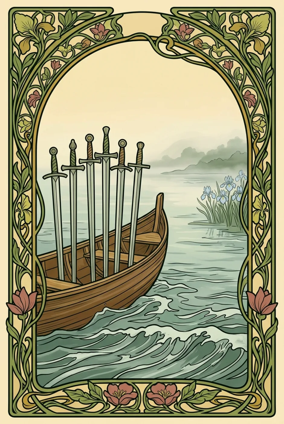 Six of Swords, reversed, a L'Heure Verte tarot card