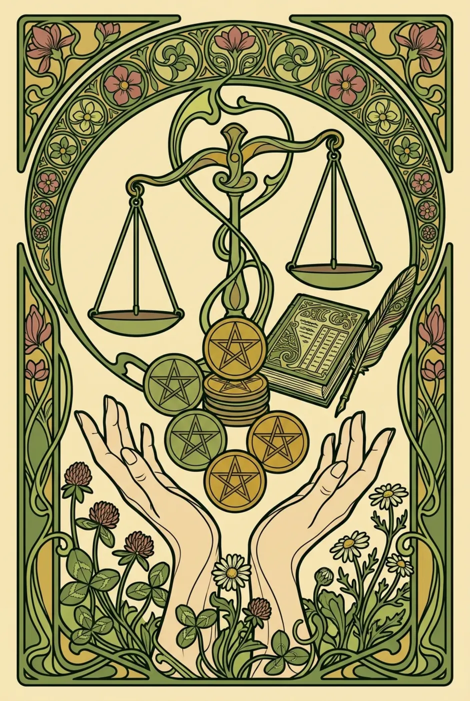 Six of Pentacles, upright, a L'Heure Verte tarot card