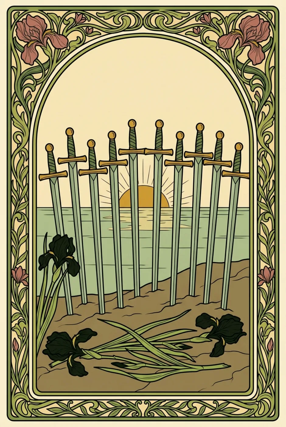 Ten of Swords, reversed, a L'Heure Verte tarot card