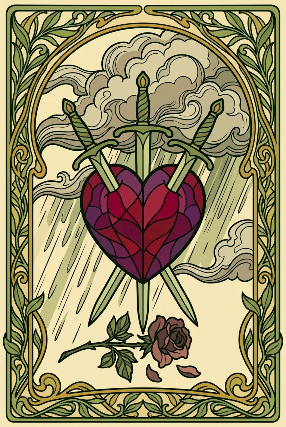 Three of Swords, upright, a L'Heure Verte tarot card