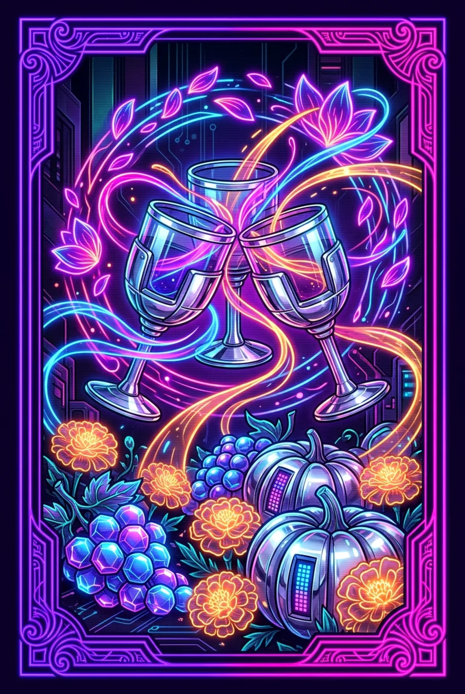 Three of Cups, reversed, a Overclock tarot card