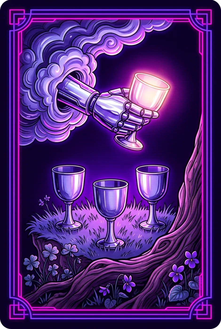 Four of Cups, upright, a Overclock tarot card