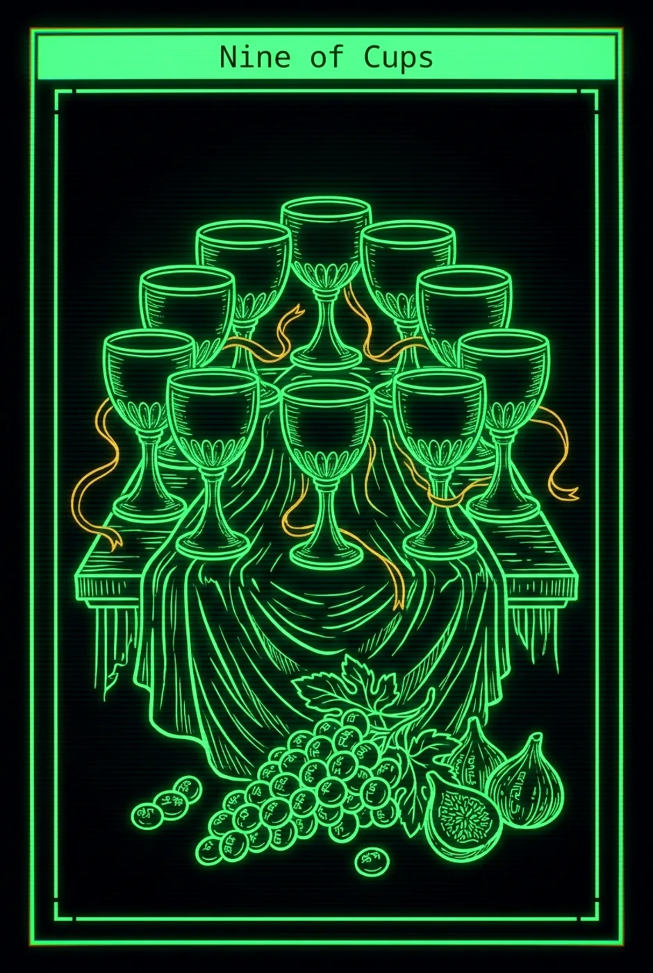 Nine of Cups, upright, a Phosphor tarot card