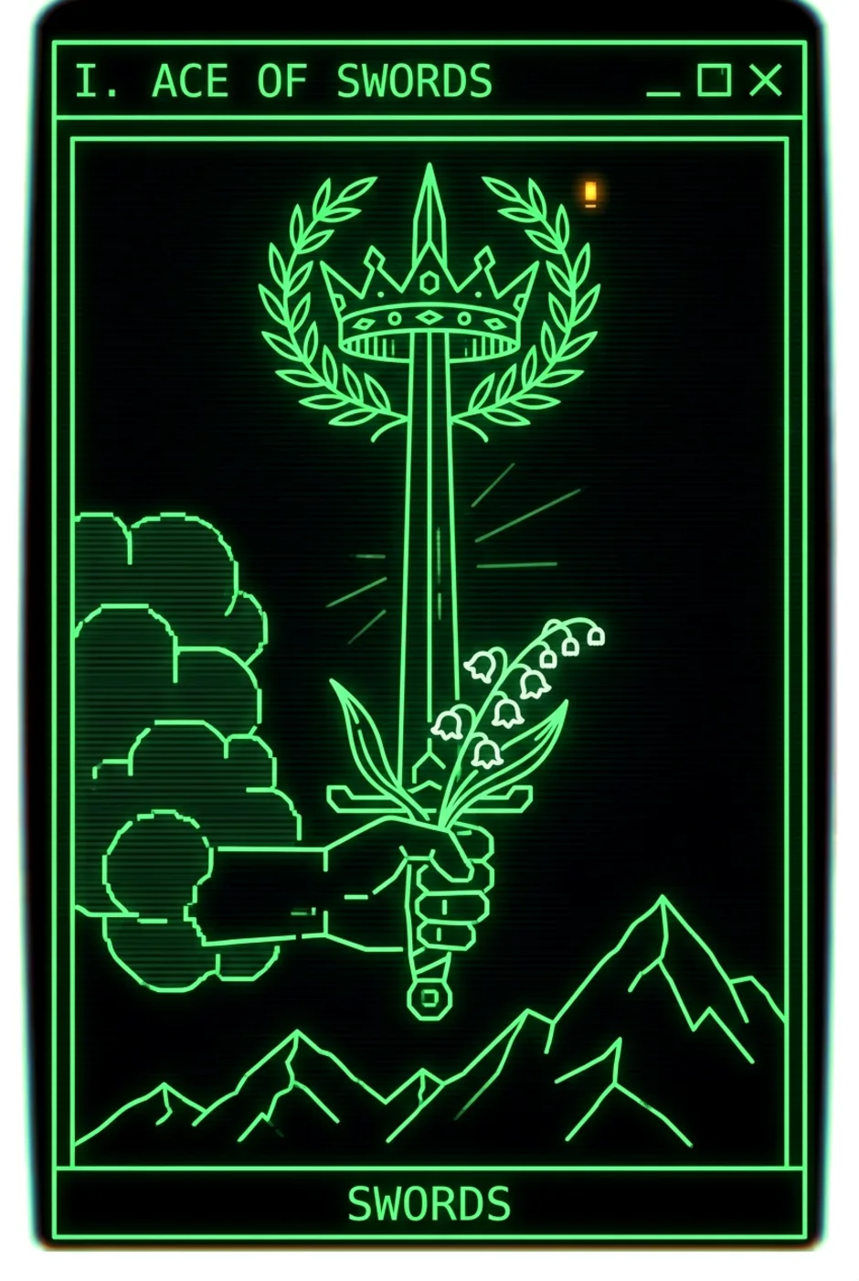 Ace of Swords, reversed, a Phosphor tarot card