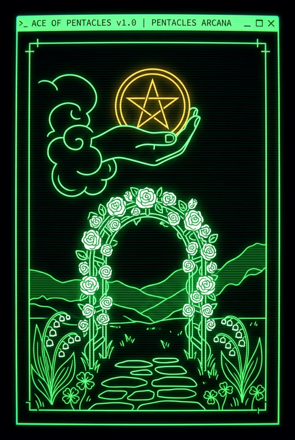 Ace of Pentacles, reversed, a Phosphor tarot card
